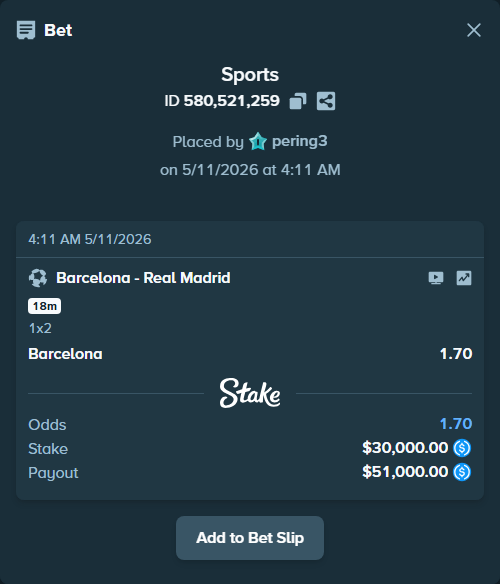 Bet slip: Barcelona - Real Madrid, $30,000.00 stake at 1.70 odds, placed by pering3