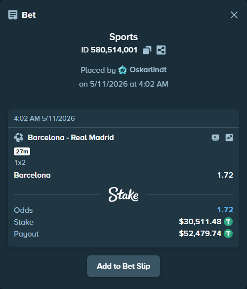Bet slip: Barcelona - Real Madrid, $30,511.48 stake at 1.72 odds, placed by Oskarlindt