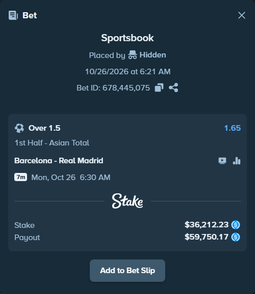 Bet slip: Barcelona - Real Madrid, $36,212.23 stake at 1.65 odds, placed by Hidden
