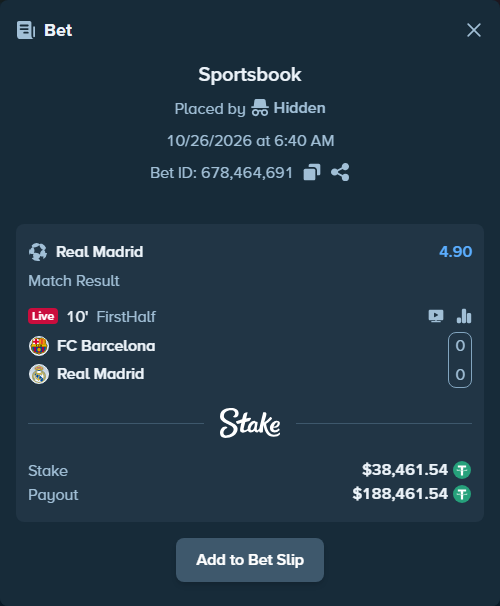 Bet slip: Barcelona - Real Madrid, $38,500.00 stake at 4.90 odds, placed by TheEarlinGrey