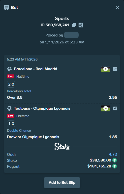 Bet slip: Barcelona - Real Madrid, $38,530.00 stake at 2.55 odds, placed by ArdianHertica