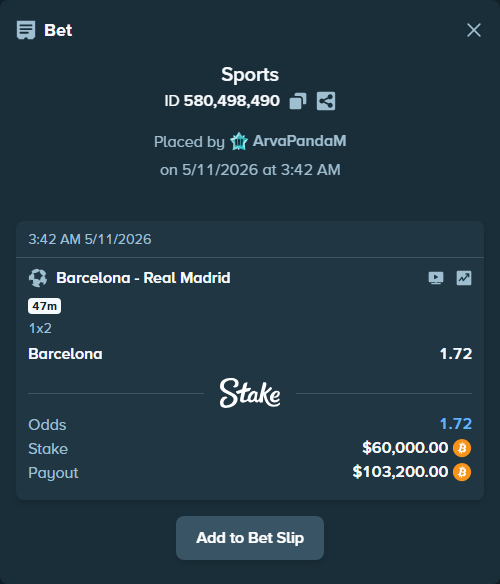 Bet slip: Barcelona - Real Madrid, $47,331.49 stake at 1.72 odds, placed by ArvaPandaM