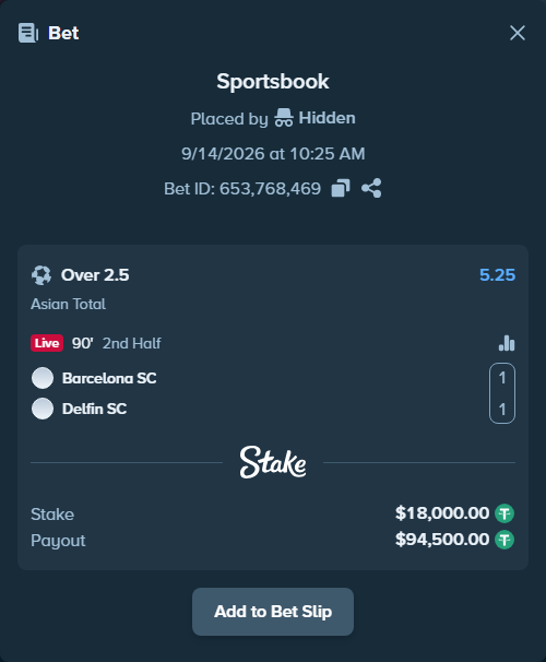 Bet slip: Barcelona SC - Delfin SC, $18,000.00 stake at 5.25 odds, placed by Hidden