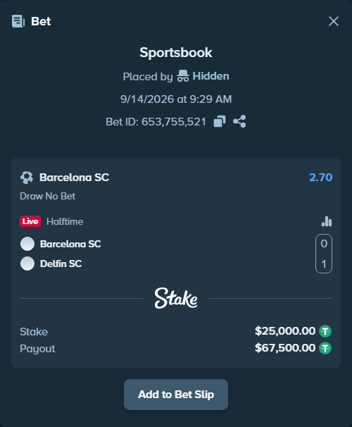 Bet slip: Barcelona SC - Delfin SC, $25,000.00 stake at 2.70 odds, placed by Hidden