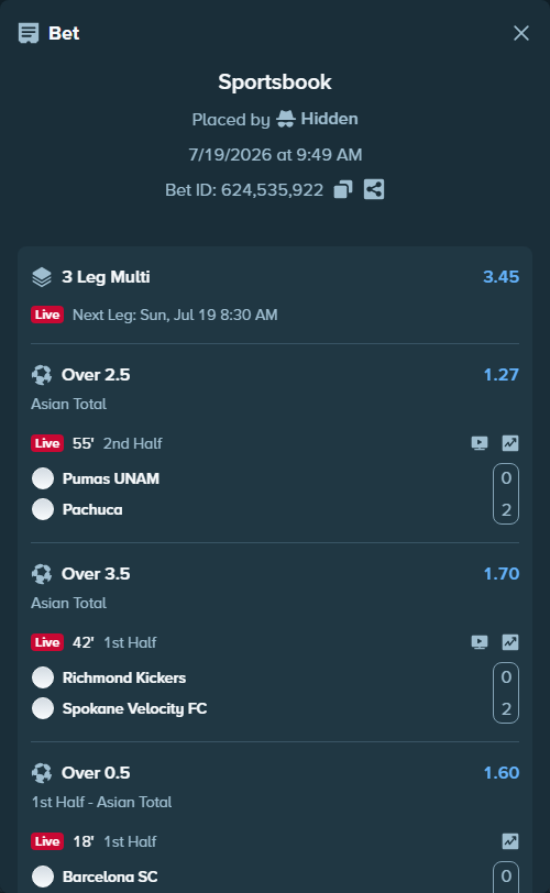 Bet slip: Barcelona SC - Libertad Loja, $10,000.00 stake at 1.60 odds, placed by Hidden