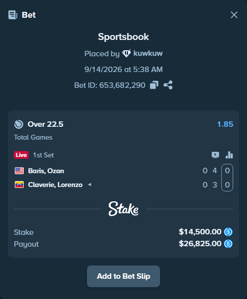 Bet slip: Baris, Ozan - Claverie, Lorenzo, $14,500.00 stake at 1.85 odds, placed by kuwkuw