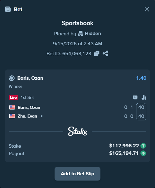 Bet slip: Baris, Ozan - Zhu, Evan, $117,996.22 stake at 1.40 odds, placed by Hidden