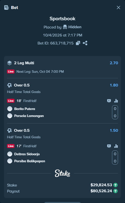 Bet slip: Barito Putera - Persela Lamongan, $29,824.53 stake at 1.80 odds, placed by Hidden