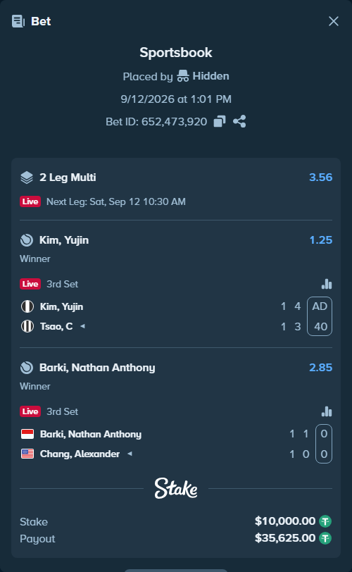 Bet slip: Barki, Nathan Anthony - Chang, Alexander, $10,000.00 stake at 2.85 odds, placed by Hidden
