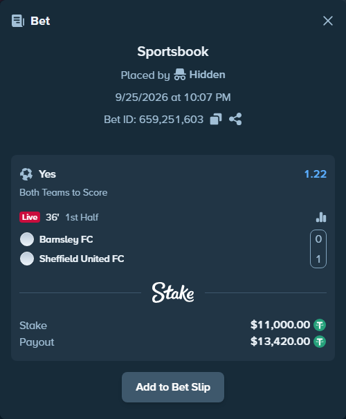 Bet slip: Barnsley FC - Sheffield United, $11,000.00 stake at 1.22 odds, placed by Hidden