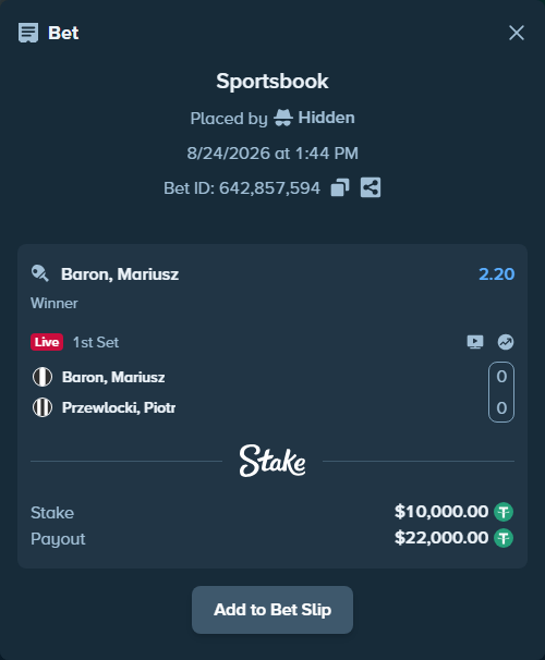 Bet slip: Baron, Mariusz - Przewlocki, Piotr, $10,000.00 stake at 2.20 odds, placed by Hidden