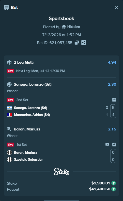 Bet slip: Baron, Mariusz - Szostok, Sebastian, $10,000.00 stake at 2.15 odds, placed by Hidden