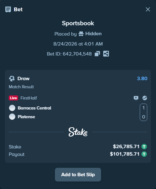 Bet slip: Barracas Central - Platense, $26,783.04 stake at 3.80 odds, placed by partizanti22