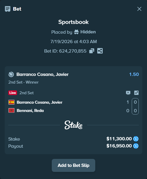 Bet slip: Barranco Cosano, Javier - Bennani, Reda, $11,300.00 stake at 1.50 odds, placed by Hidden
