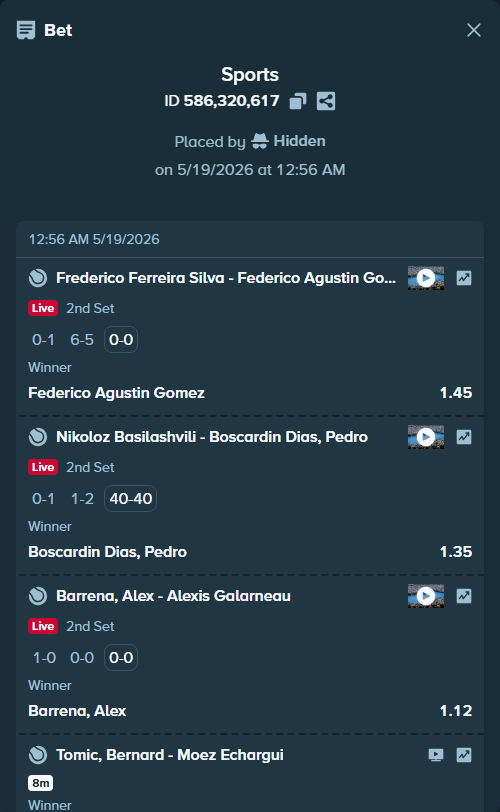 Bet slip: Barrena, Alex - Alexis Galarneau, $23,163.63 stake at 1.12 odds, placed by Hidden