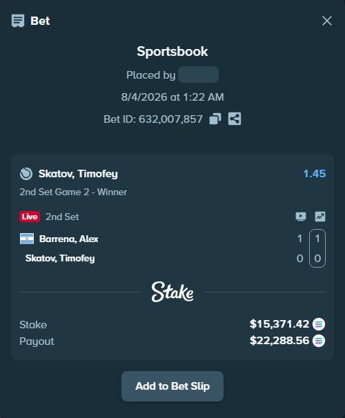 Bet slip: Barrena, Alex - Skatov, Timofey, $15,191.76 stake at 1.45 odds, placed by Prettylfacko98