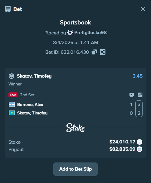 Bet slip: Barrena, Alex - Skatov, Timofey, $23,764.44 stake at 3.45 odds, placed by Prettylfacko98
