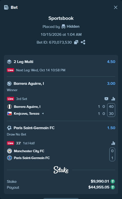 Bet slip: Barrera Aguirre, I - Krejcova, Tereza, $10,000.00 stake at 3.00 odds, placed by Hidden
