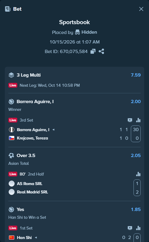 Bet slip: Barrera Aguirre, I - Krejcova, Tereza, $10,000.00 stake at 2.00 odds, placed by Hidden