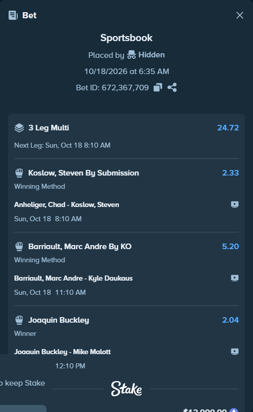 Bet slip: Barriault, Marc Andre - Kyle Daukaus, $12,019.38 stake at 5.20 odds, placed by Hidden