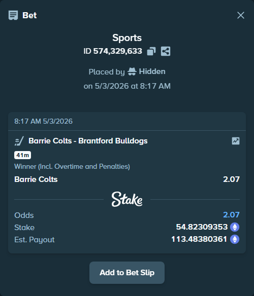 Bet slip: Barrie Colts - Brantford Bulldogs, $95,175.08 stake at 2.07 odds, placed by Hidden