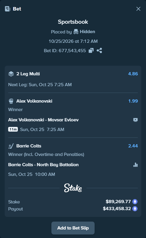 Bet slip: Barrie Colts - North Bay Battalion, $89,981.57 stake at 2.44 odds, placed by Hidden
