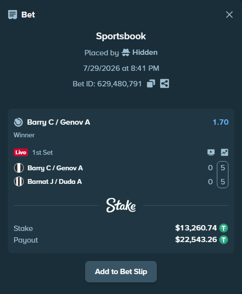 Bet slip: Barry C / Genov A - Barnat J / Duda A, $13,274.00 stake at 1.70 odds, placed by Hidden