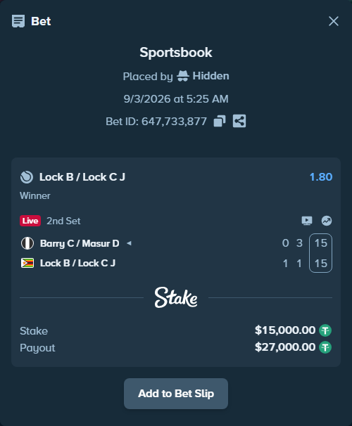 Bet slip: Barry C / Masur D - Lock B / Lock C J, $15,000.00 stake at 1.80 odds, placed by Hidden