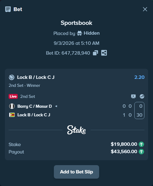 Bet slip: Barry C / Masur D - Lock B / Lock C J, $19,800.00 stake at 2.20 odds, placed by Hidden