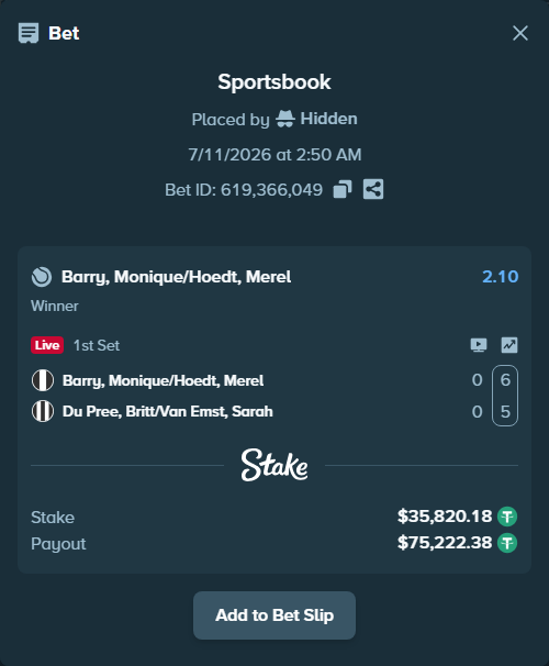 Bet slip: Barry, Monique/Hoedt, Merel - Du Pree, Britt/Van Emst, Sarah, $35,856.00 stake at 2.10 odds, placed by Hidden