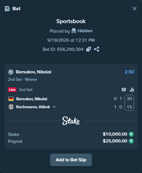 Bet slip: Barsukov, Nikolai - Kachmazov, Alibek, $10,000.00 stake at 2.50 odds, placed by Hidden