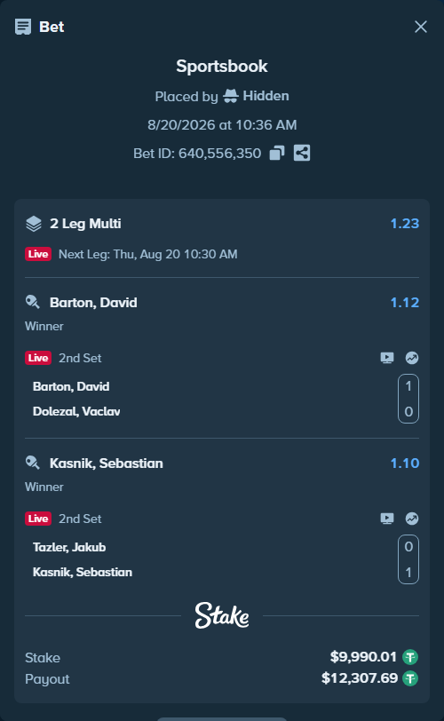 Bet slip: Barton, David - Dolezal, Vaclav, $10,000.00 stake at 1.12 odds, placed by Hidden