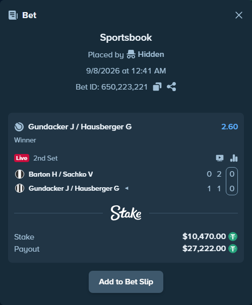 Bet slip: Barton H / Sachko V - Gundacker J / Hausberger G, $10,470.00 stake at 2.60 odds, placed by Hidden
