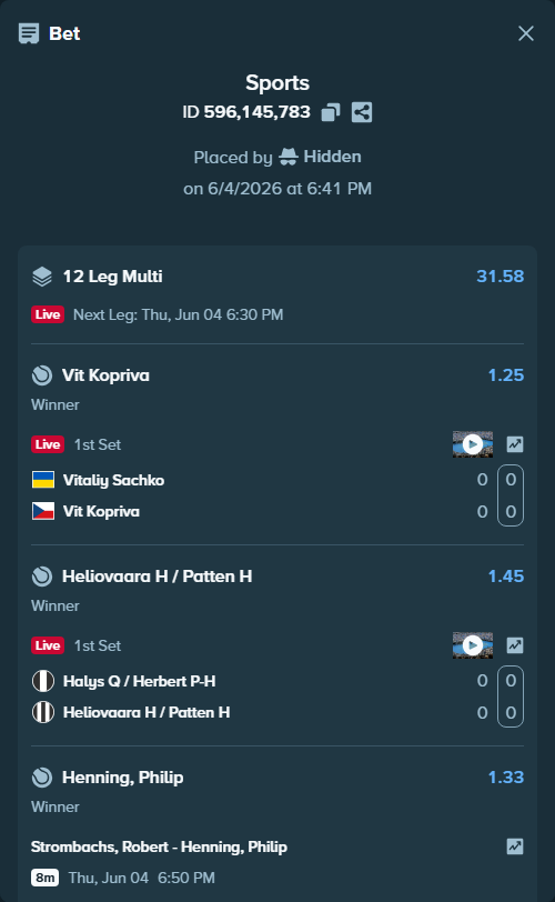 Bet slip: Barton, Hynek - Gombos, Norbert, $10,000.00 stake at 1.27 odds, placed by Hidden