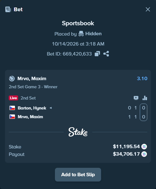 Bet slip: Barton, Hynek - Mrva, Maxim, $11,203.97 stake at 3.10 odds, placed by Prettylfacko98