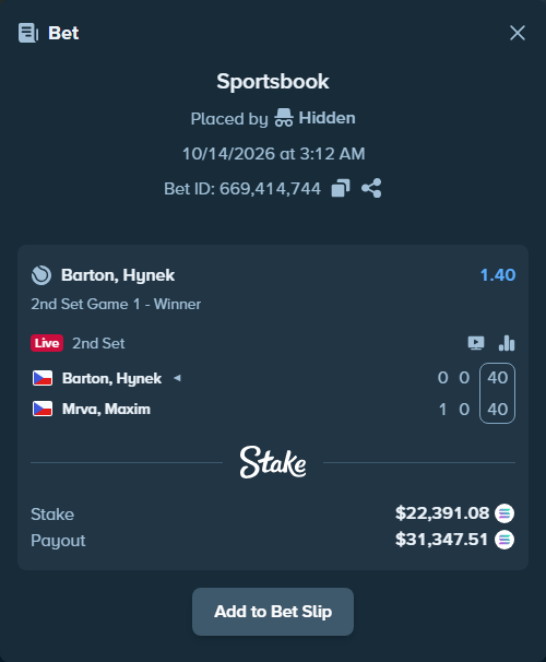 Bet slip: Barton, Hynek - Mrva, Maxim, $22,407.93 stake at 1.40 odds, placed by Prettylfacko98