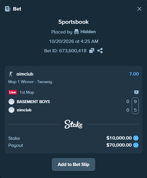 Bet slip: BASEMENT BOYS - aimclub, $10,000.00 stake at 7.00 odds, placed by Hidden