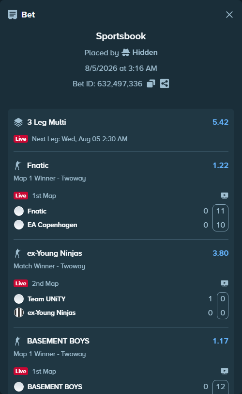 Bet slip: BASEMENT BOYS - Leo Team, $10,000.00 stake at 1.17 odds, placed by Hidden