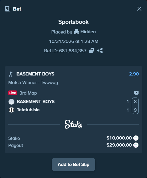 Bet slip: BASEMENT BOYS - Teletubisie, $10,023.55 stake at 2.90 odds, placed by Hidden
