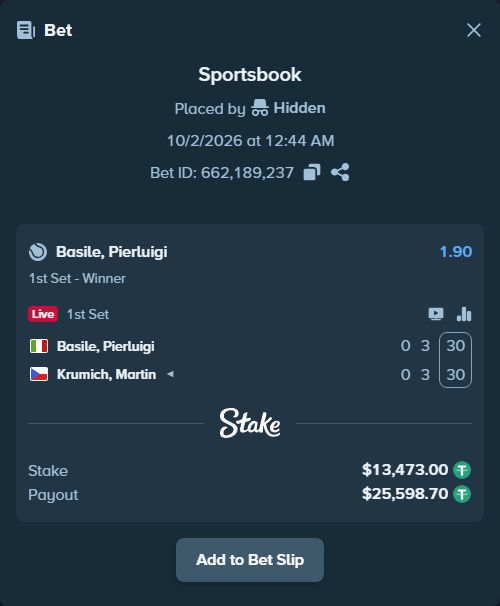 Bet slip: Basile, Pierluigi - Krumich, Martin, $13,473.00 stake at 1.90 odds, placed by Hidden