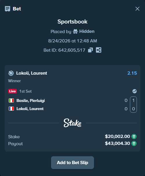 Bet slip: Basile, Pierluigi - Lokoli, Laurent, $20,000.00 stake at 2.15 odds, placed by Hidden