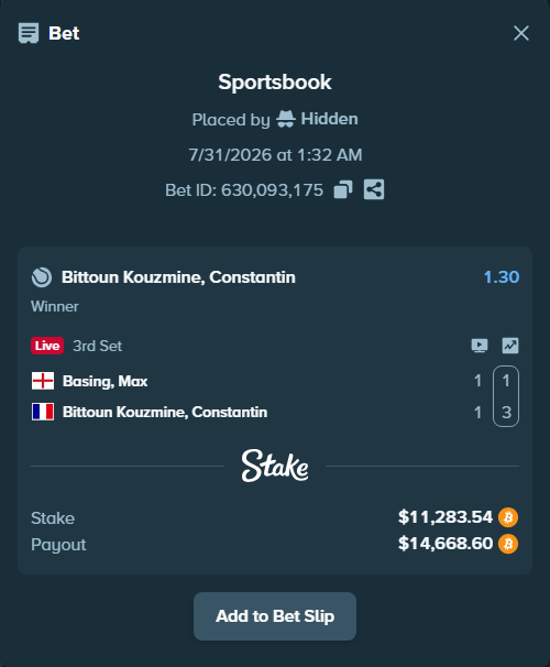 Bet slip: Basing, Max - Bittoun Kouzmine, Constantin, $11,228.16 stake at 1.30 odds, placed by Hidden