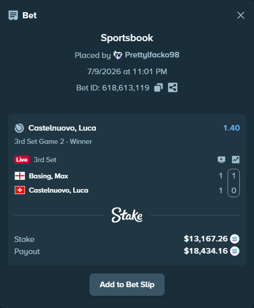 Bet slip: Basing, Max - Castelnuovo, Luca, $12,295.71 stake at 1.40 odds, placed by Prettylfacko98