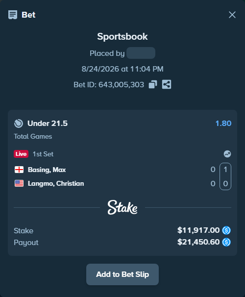 Bet slip: Basing, Max - Langmo, Christian, $11,917.00 stake at 1.80 odds, placed by privetmedvet15