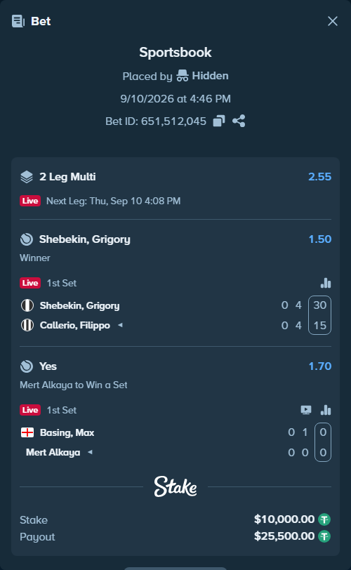 Bet slip: Basing, Max - Mert Alkaya, $10,000.00 stake at 1.70 odds, placed by Hidden