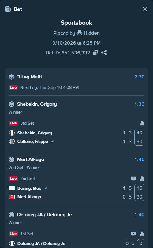Bet slip: Basing, Max - Mert Alkaya, $10,000.00 stake at 1.45 odds, placed by Hidden
