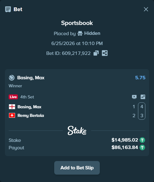 Bet slip: Basing, Max - Remy Bertola, $15,000.00 stake at 5.75 odds, placed by Hidden