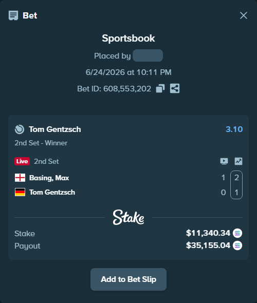 Bet slip: Basing, Max - Tom Gentzsch, $11,926.76 stake at 3.10 odds, placed by Prettylfacko98