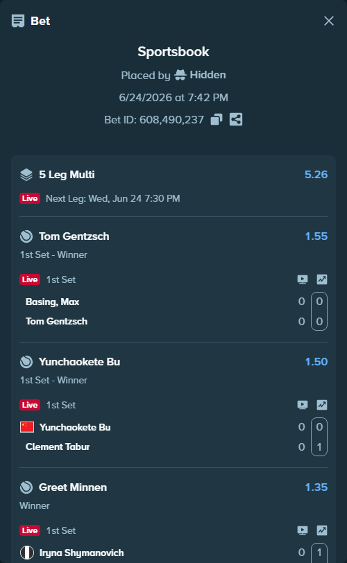 Bet slip: Basing, Max - Tom Gentzsch, $42,332.31 stake at 1.55 odds, placed by Hidden