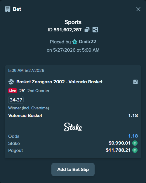 Bet slip: Basket Zaragoza 2002 - Valencia Basket, $10,000.00 stake at 1.18 odds, placed by Dmitr22